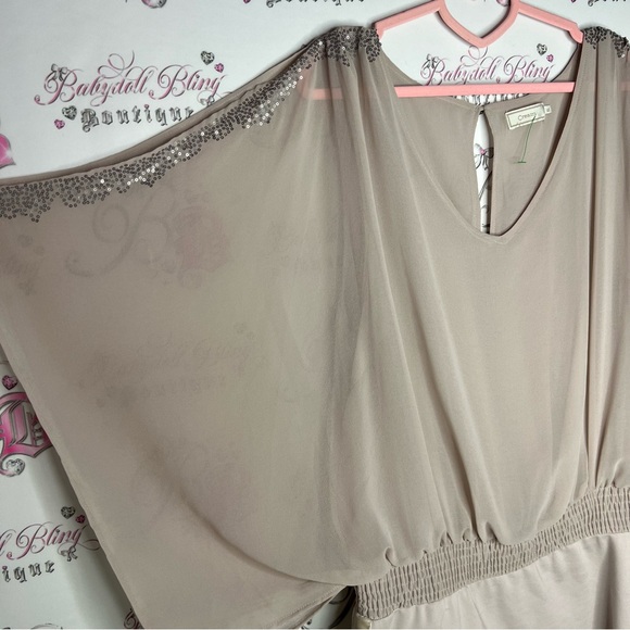 Cream dress bat wing open shoulder cold shoulder sparkly sequin tan flowy luxe - Picture 3 of 11